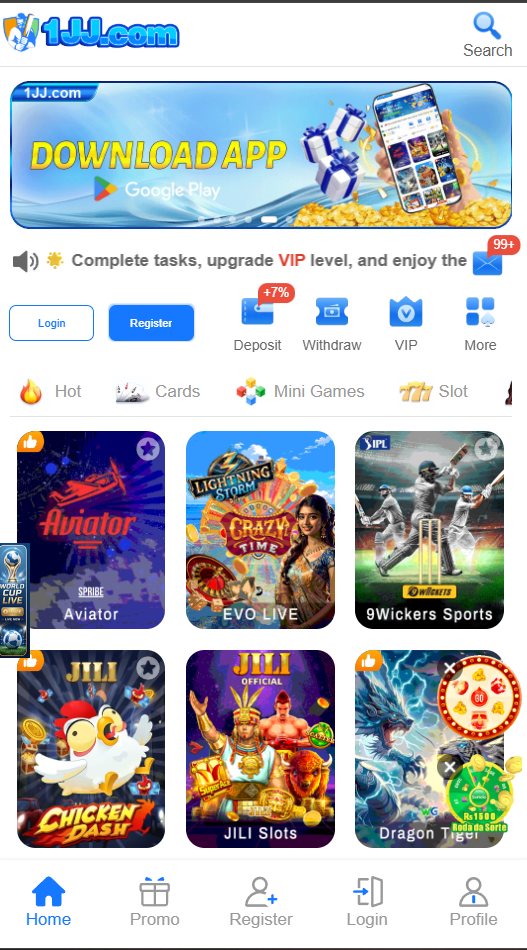 1JJ Game app home screen preview showing slots and bonuses
